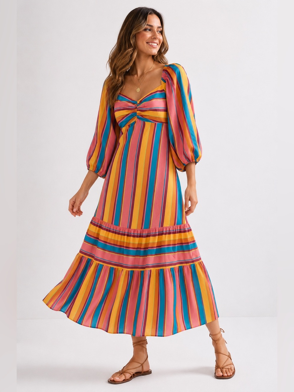 Farm Rio Rainbow Stripe Long Sleeve Maxi - Sz XS 🌈 - Picture 3 of 10